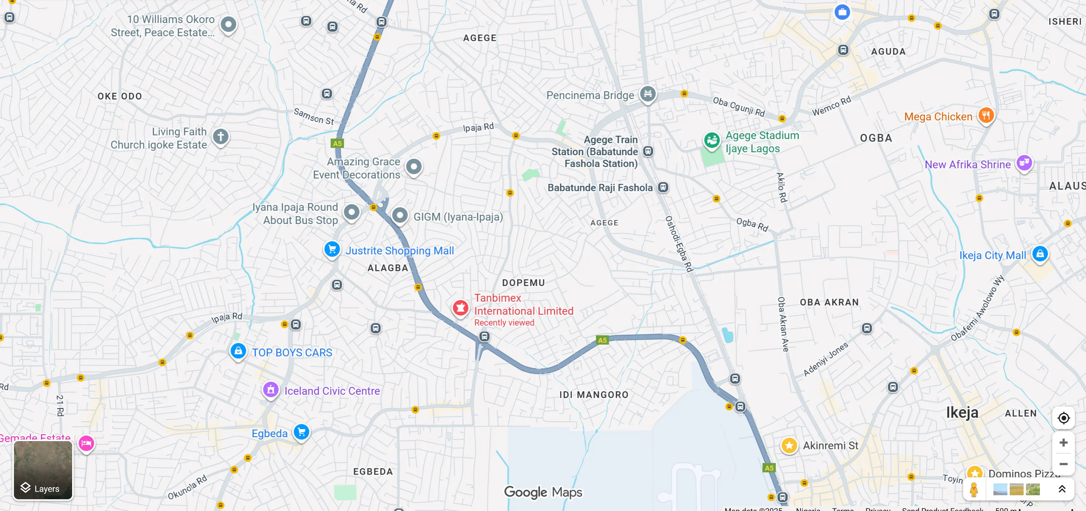 Map showing DonnyAluminum at No 15 Alfia Yusuf off Union Road, Dopemu, Lagos